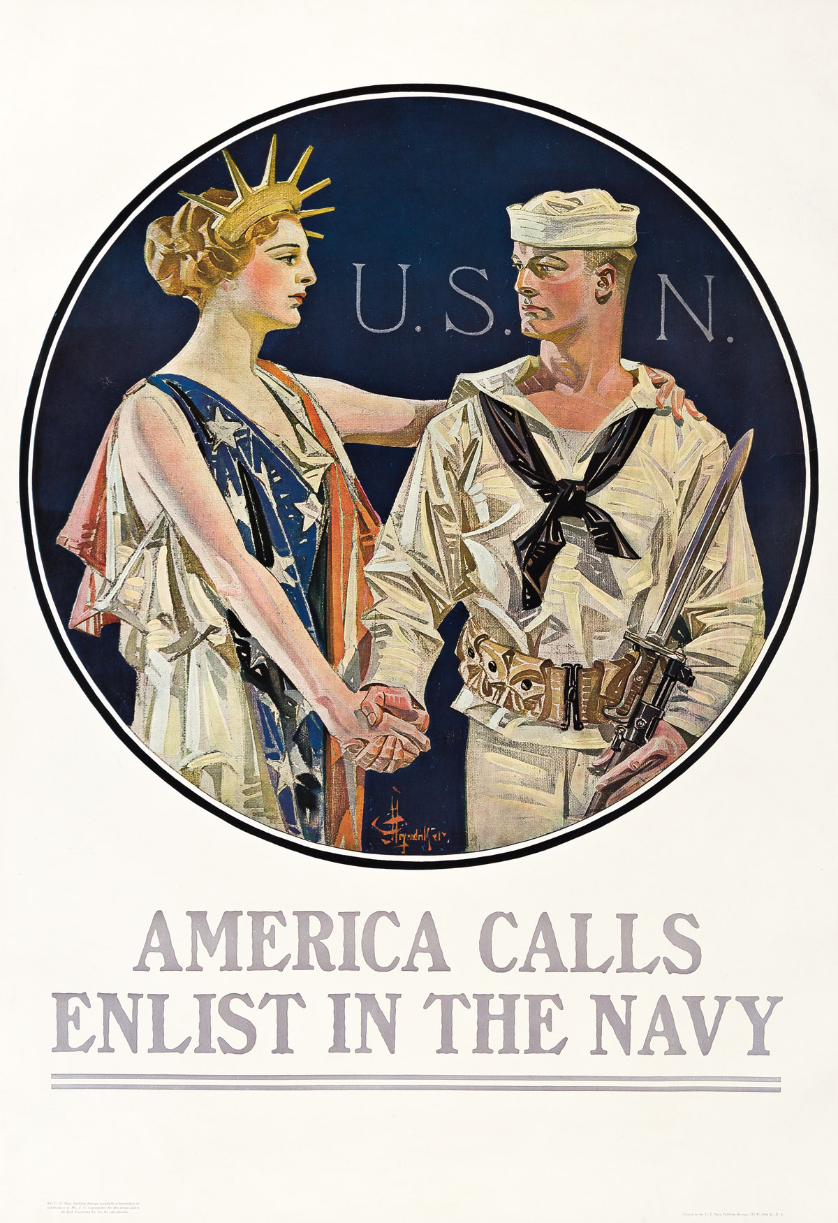 JOSEPH C. LEYENDECKER (1874-1951).  AMERICA CALLS / ENLIST IN THE NAVY. 1917. 40½x28 inches, 103x71 cm. U.S. Navy Publicity Bureau, New